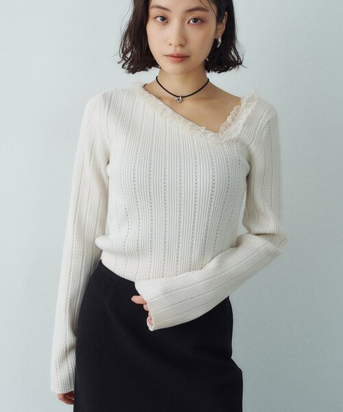 CODE A ニット セーター lace frill asymmetric knit レディース