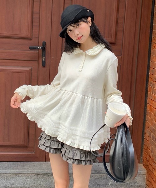 AsRiRe ブラウス シャツ レース襟ヘンリーネック ドットシフォン切替