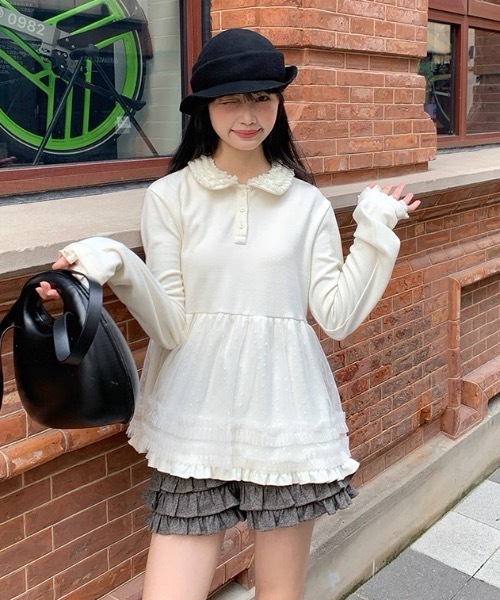 AsRiRe ブラウス シャツ レース襟ヘンリーネック ドットシフォン切替