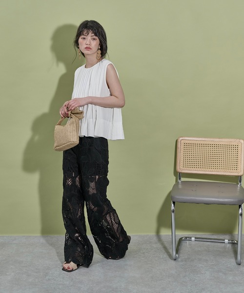 ワイドパンツ パンツ レーシーシアーイージーパンツ レディースの画像