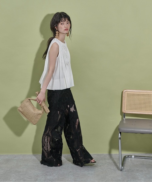 ワイドパンツ パンツ レーシーシアーイージーパンツ レディースの画像