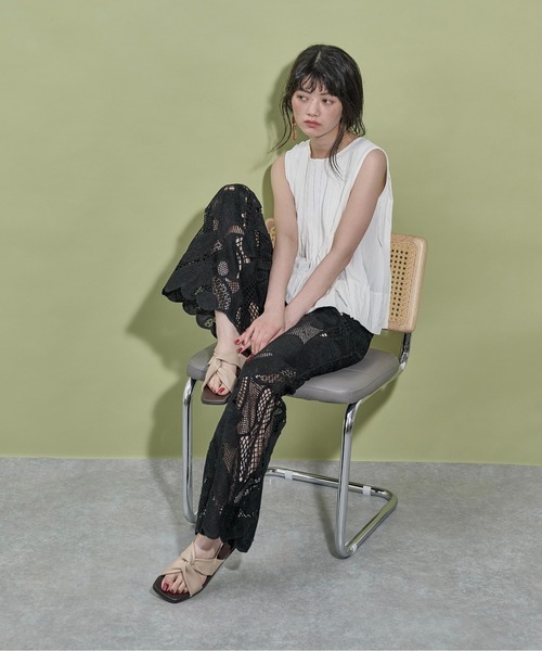 ワイドパンツ パンツ レーシーシアーイージーパンツ レディースの画像
