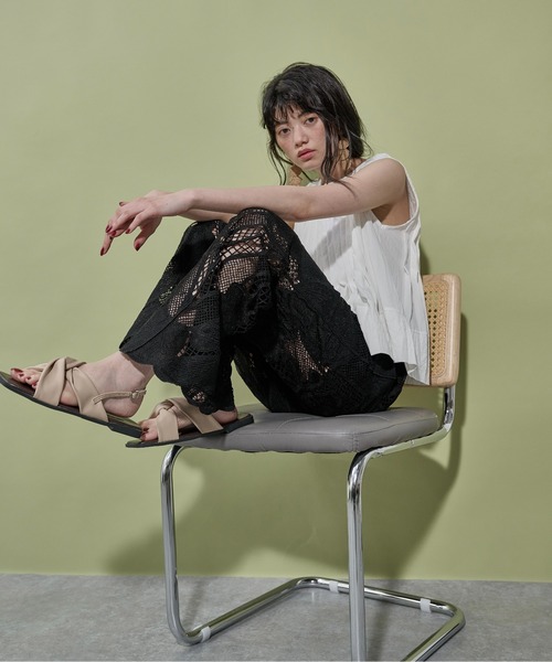 ワイドパンツ パンツ レーシーシアーイージーパンツ レディースの画像