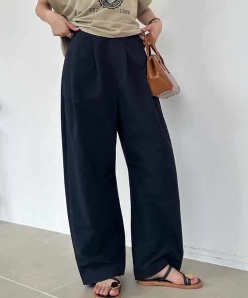 ワイドパンツ パンツ タックパンツ カーブパンツ ワイド スラックス ハイウエスト ボトムス ロング丈 チノ ツイル 体型カバー きれいめ　秋 冬 レディース | umune | 05