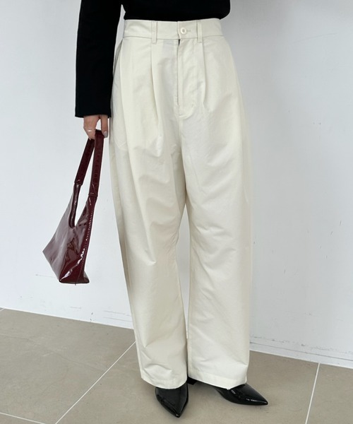 ワイドパンツ パンツ タックパンツ カーブパンツ ワイド スラックス ハイウエスト ボトムス ロング丈 チノ ツイル 体型カバー きれいめ　秋 冬 レディース | umune | 21