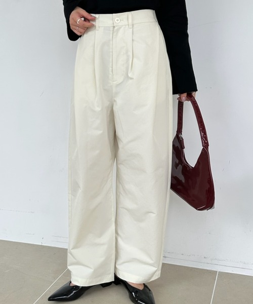 ワイドパンツ パンツ タックパンツ カーブパンツ ワイド スラックス ハイウエスト ボトムス ロング丈 チノ ツイル 体型カバー きれいめ　秋 冬 レディース | umune | 22