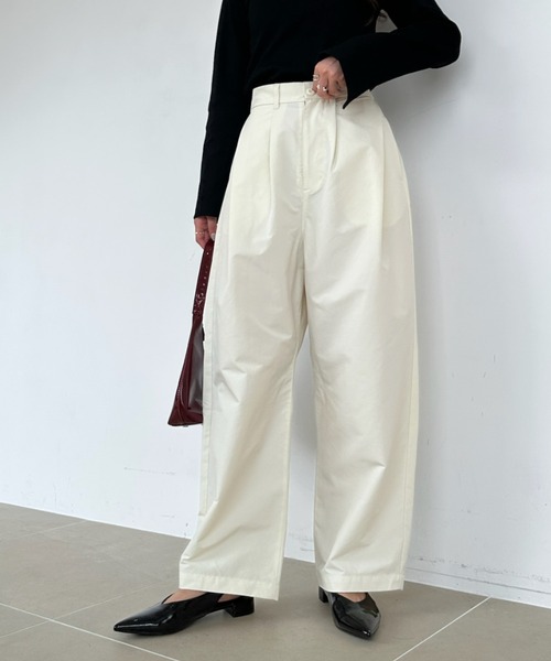 ワイドパンツ パンツ タックパンツ カーブパンツ ワイド スラックス ハイウエスト ボトムス ロング丈 チノ ツイル 体型カバー きれいめ　秋 冬 レディース | umune | 23