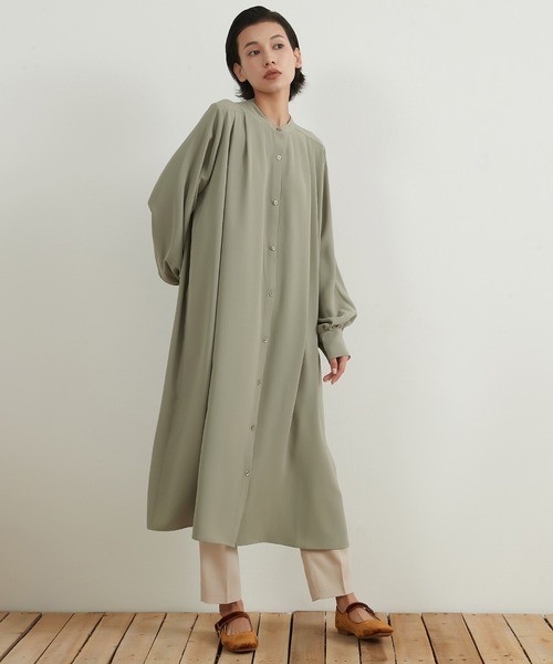 by OSTYLE L 40 長袖シャツワンピース 無地 グリーン 通勤 On One's Own スマホショルダー シャツワンピース 長袖シャツ