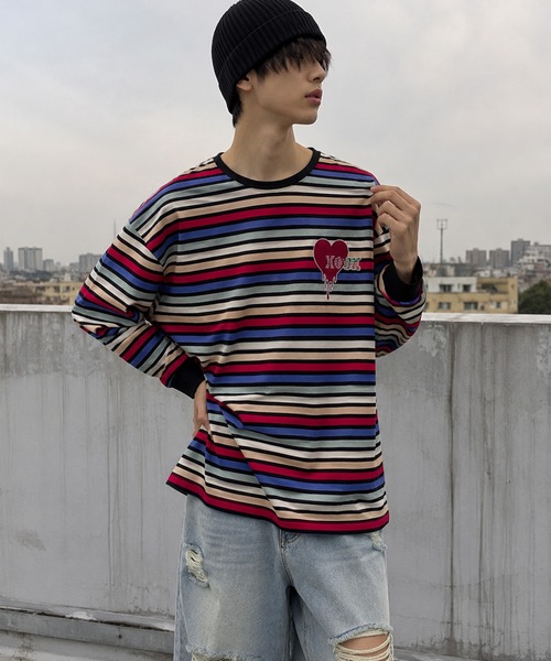 tシャツ HOOK -original- 溶けるハート刺繍カラフルボーダー長袖t