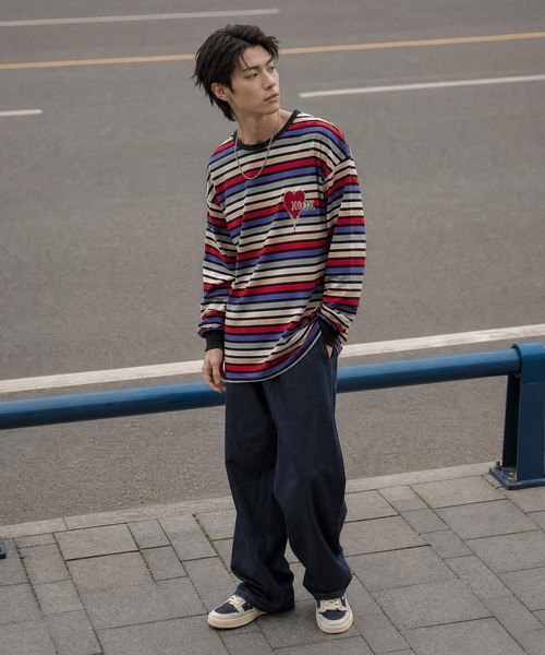 tシャツ HOOK -original- 溶けるハート刺繍カラフルボーダー長袖t