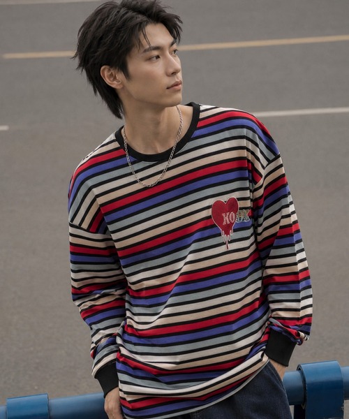 tシャツ HOOK -original- 溶けるハート刺繍カラフルボーダー長袖t
