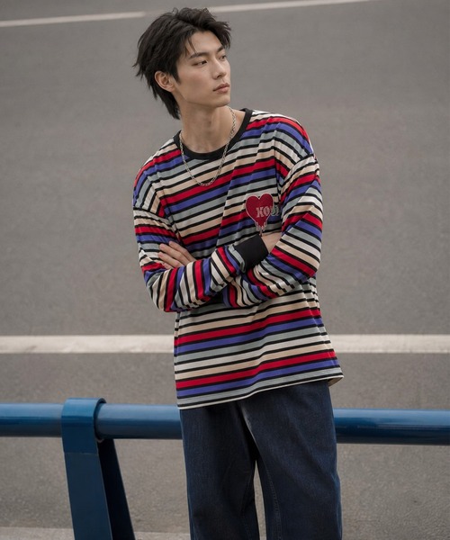 tシャツ HOOK -original- 溶けるハート刺繍カラフルボーダー長袖t