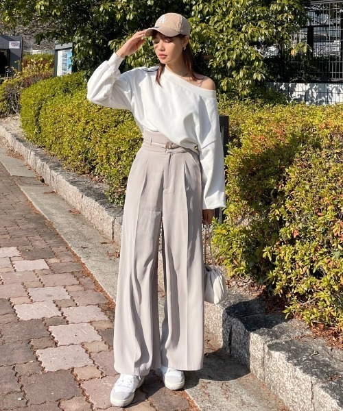 rienda スラックス パンツ ベルトポイントワイドパンツ