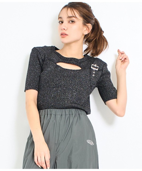 ANAYI リブニット　ラメ入り　ネイビー ANAP ニット セーター ラメ糸 ベルトデザイン リブニット