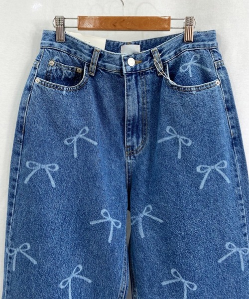 ⚫︎wynken⚫︎リボン柄のデニムパンツ 10Y 未開封 LYEON（リヨン） ジーンズ デニム デニムパンツ リボン抜染セミワイド