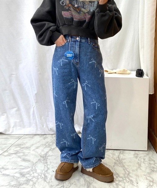LYEON（リヨン） ジーンズ デニム デニムパンツ リボン抜染セミワイド