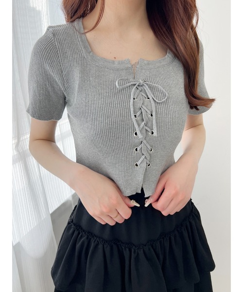 レースアップリブニットトップス WHT GLAMOROUS JANE ニット セーター レースアップクロップド丈