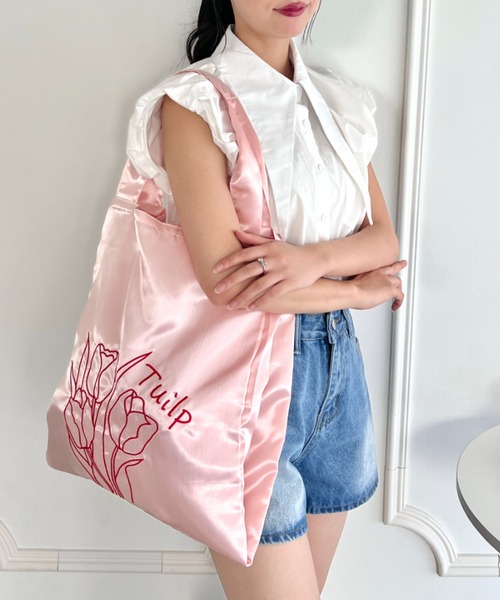 SOLLON. トートバッグ チューリップ刺繍サテントートバッグ