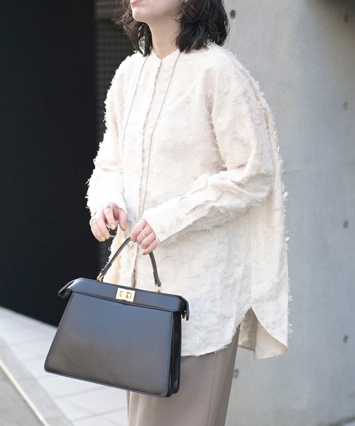 ＆HALF ブラウス シャツ ノーカラーフリンジオーバーブラウス