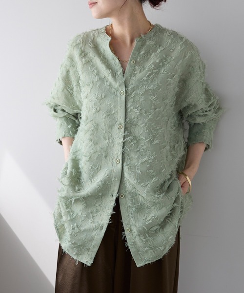 ＆HALF ブラウス シャツ ノーカラーフリンジオーバーブラウス(シャツ