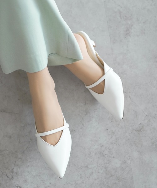 パンプス ポインテッドトゥ バンドストラップ ミュール パンプス「日本
