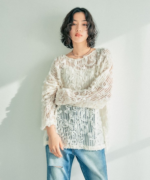 tシャツ ニュアンス柄レーシー長袖プルオーバー　242889 レディース