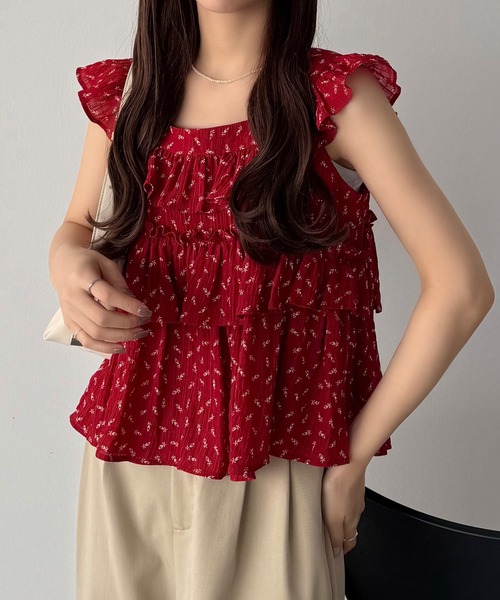 tシャツ ラッフルフリルトップス 花柄 レディース 夏服 レディース ラッフル フリル 花柄 ブラウス 清楚 夏 春服