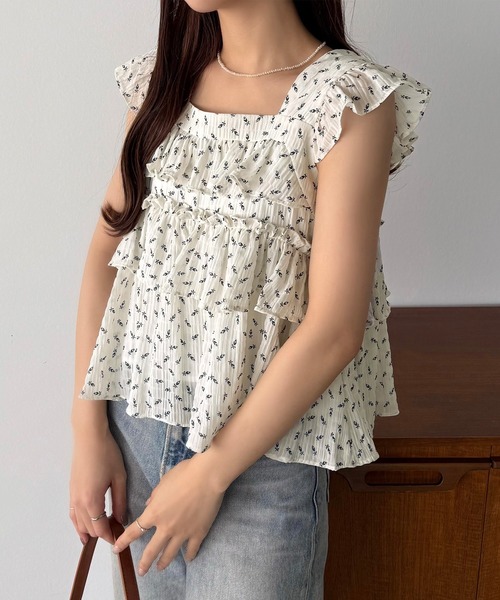 花柄　フリル　トップス callautia tシャツ 花柄ノースリーブフリルトップス レディース