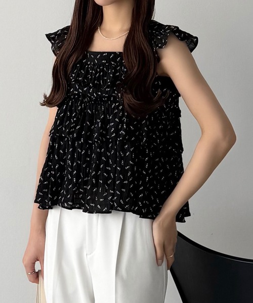 callautia tシャツ 花柄ノースリーブフリルトップス レディース