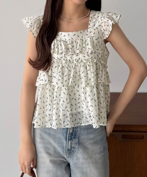 tシャツ ラッフルフリルトップス 花柄 レディース 夏服 レディース ラッフル フリル 花柄 ブラウス 清楚 夏 春服