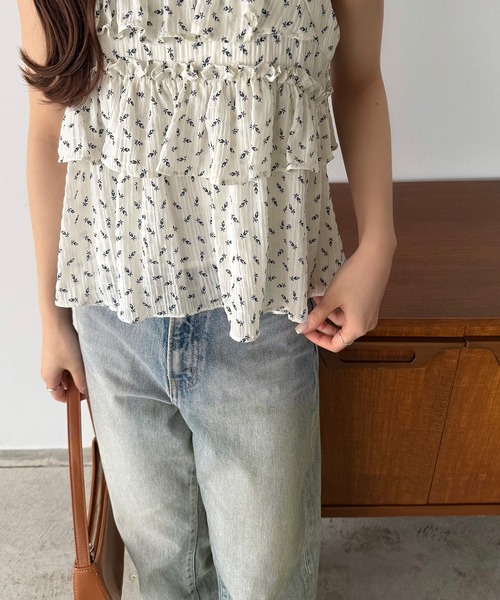 花柄　フリル　トップス callautia tシャツ 花柄ノースリーブフリルトップス レディース