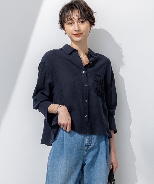 ブラウス シャツ 「洗える」LIBECO クロップド シャツ レディース