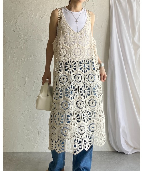 SEE BY CHLOE★コットン マキシワンピース かぎ針編みレース She's Closet ワンピース 綿100%ロング丈深Vネックかぎ編み