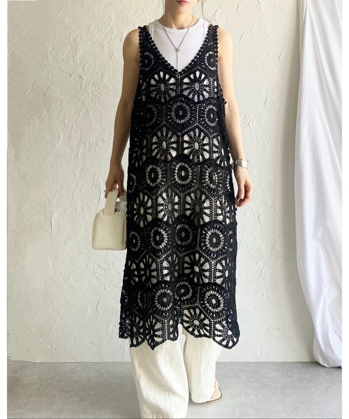 She's Closet ワンピース 綿100%ロング丈深Vネックかぎ編み