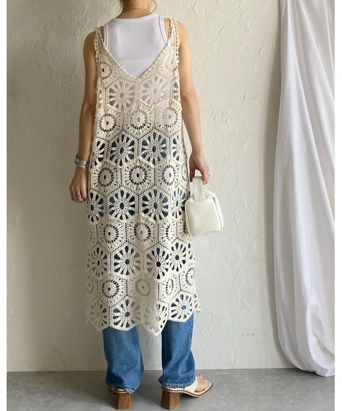 She's Closet ワンピース 綿100%ロング丈深Vネックかぎ編み
