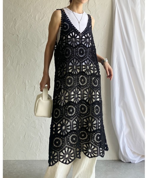 She's Closet ワンピース 綿100%ロング丈深Vネックかぎ編み