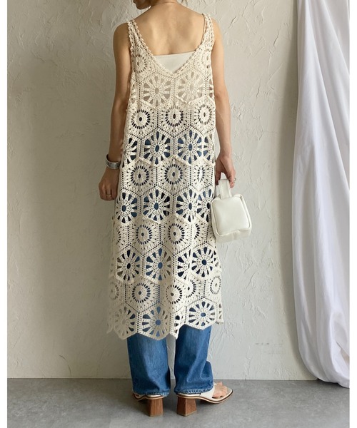 She's Closet ワンピース 綿100%ロング丈深Vネックかぎ編み