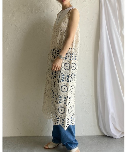 She's Closet ワンピース 綿100%ロング丈深Vネックかぎ編み