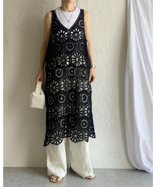 She's Closet ワンピース 綿100%ロング丈深Vネックかぎ編み