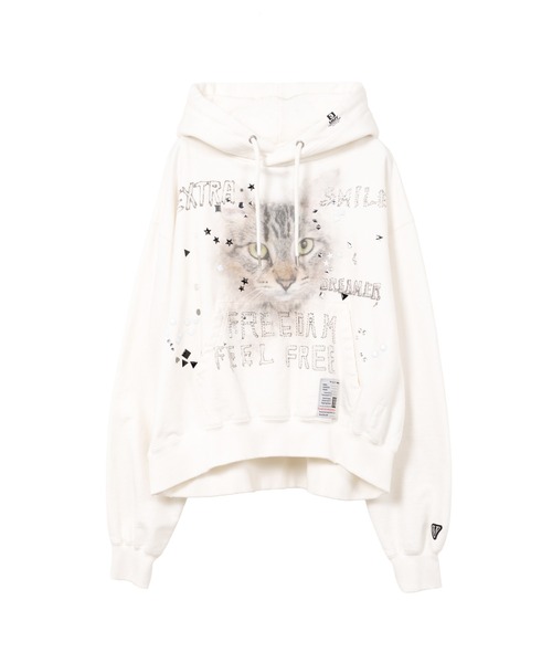トレーナー スウェット Cat Printed Embellished Distressed Hoodie レディース