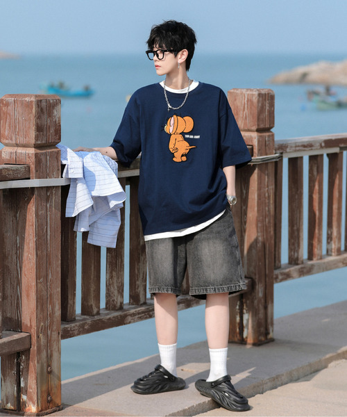「TOM&JERRY」 半袖Tシャツ MEDIUM ネイビー メンズ