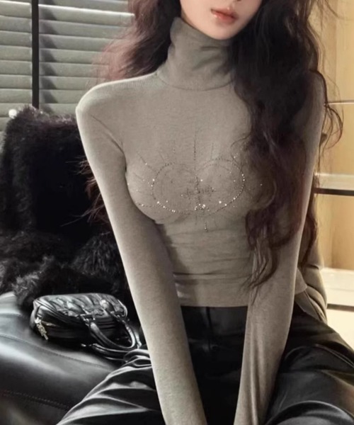 ViViDAY tシャツ 十字架デザインラインストーンハイネックカットソー