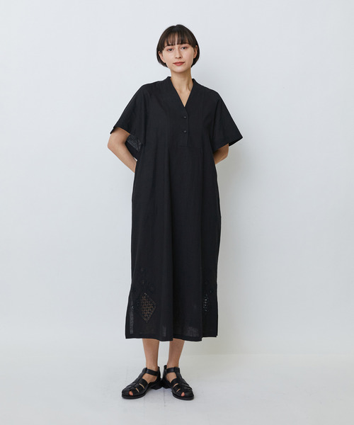 LOISIR ワンピース 半袖 コットンリネンクロス刺繍入りワンピース