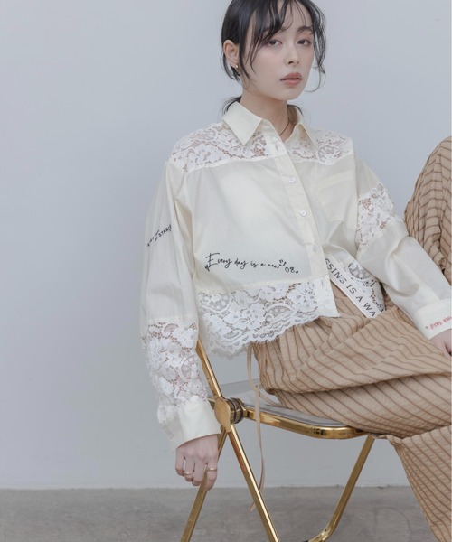 Eimee Law（エイミーロウ） ブラウス シャツ レース刺繍テキストエン