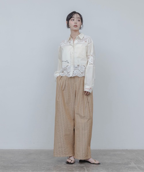 ブラウス シャツ レース刺繍テキストエンブロシャツ レディースの画像