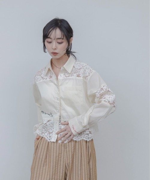 ブラウス シャツ レース刺繍テキストエンブロシャツ レディースの画像