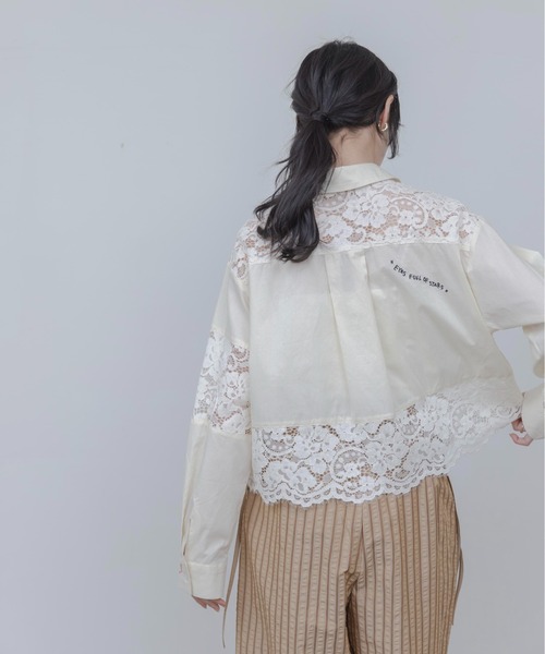 ブラウス シャツ レース刺繍テキストエンブロシャツ レディースの画像