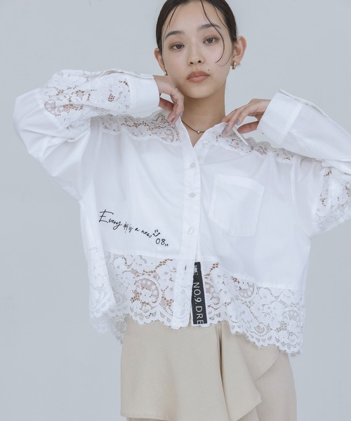 【新品】Eimee Law サイドライン レース ブルゾン ネイビー 甘辛MIX Eimee Law（エイミーロウ） ブラウス シャツ レース刺繍テキストエン