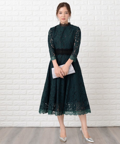 Lace Ladies ドレス 花柄総レースミモレ丈フレアワンピース