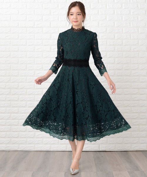Lace Ladies ドレス 花柄総レースミモレ丈フレアワンピース
